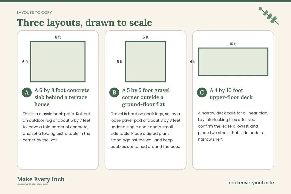 Three room layouts drawn to scale with dimensions and placement notes for: 15 Ideas for a Tiny Outdoor Space Without Grass
