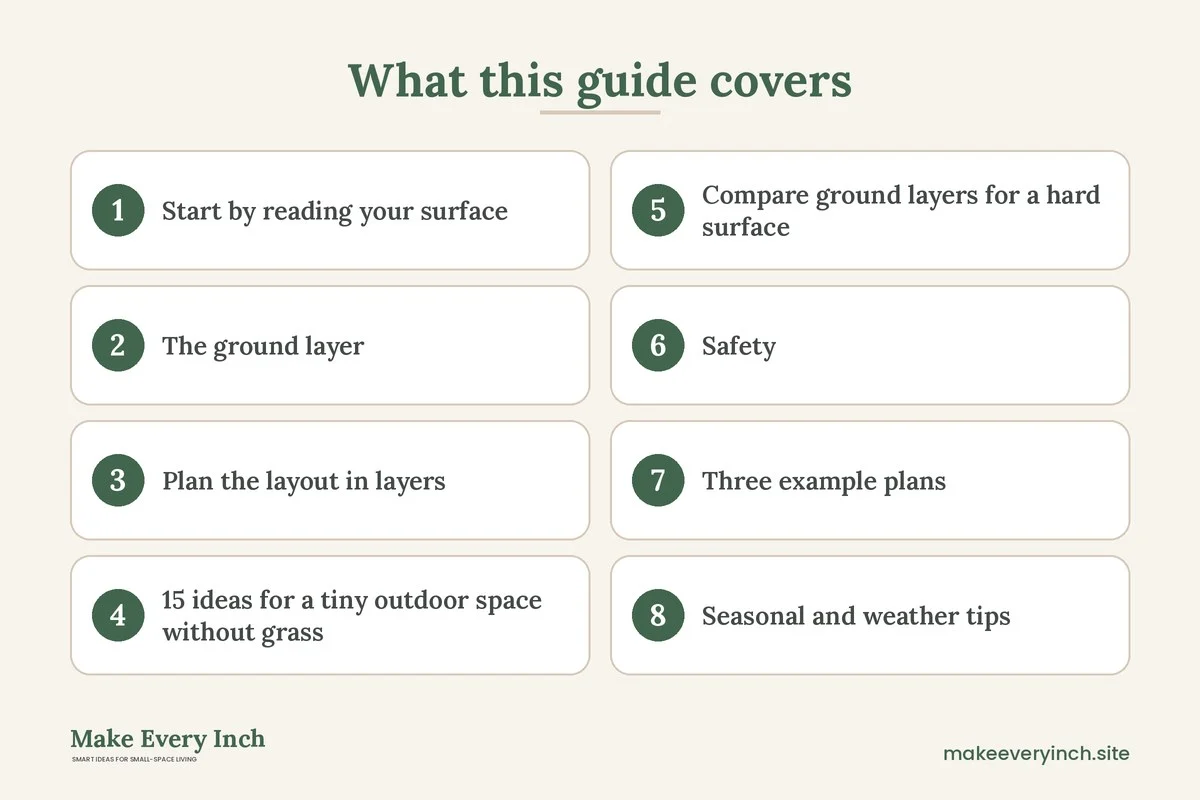 Graphic listing 8 topics covered in: 15 Ideas for a Tiny Outdoor Space Without Grass