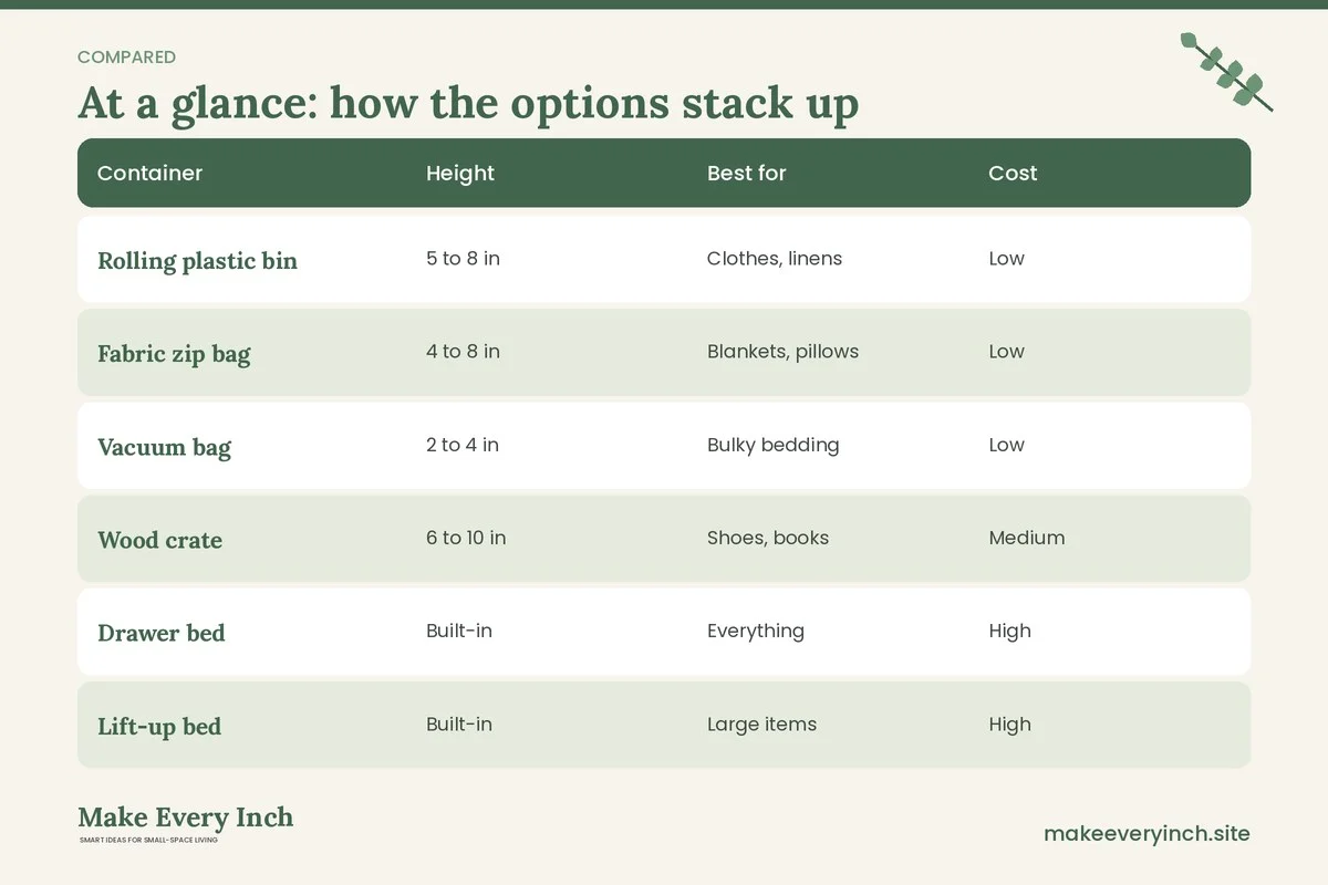 Comparison table of options for: 21 Under Bed Storage Ideas That Use Every Inch (Container, Height, Best for, Cost)