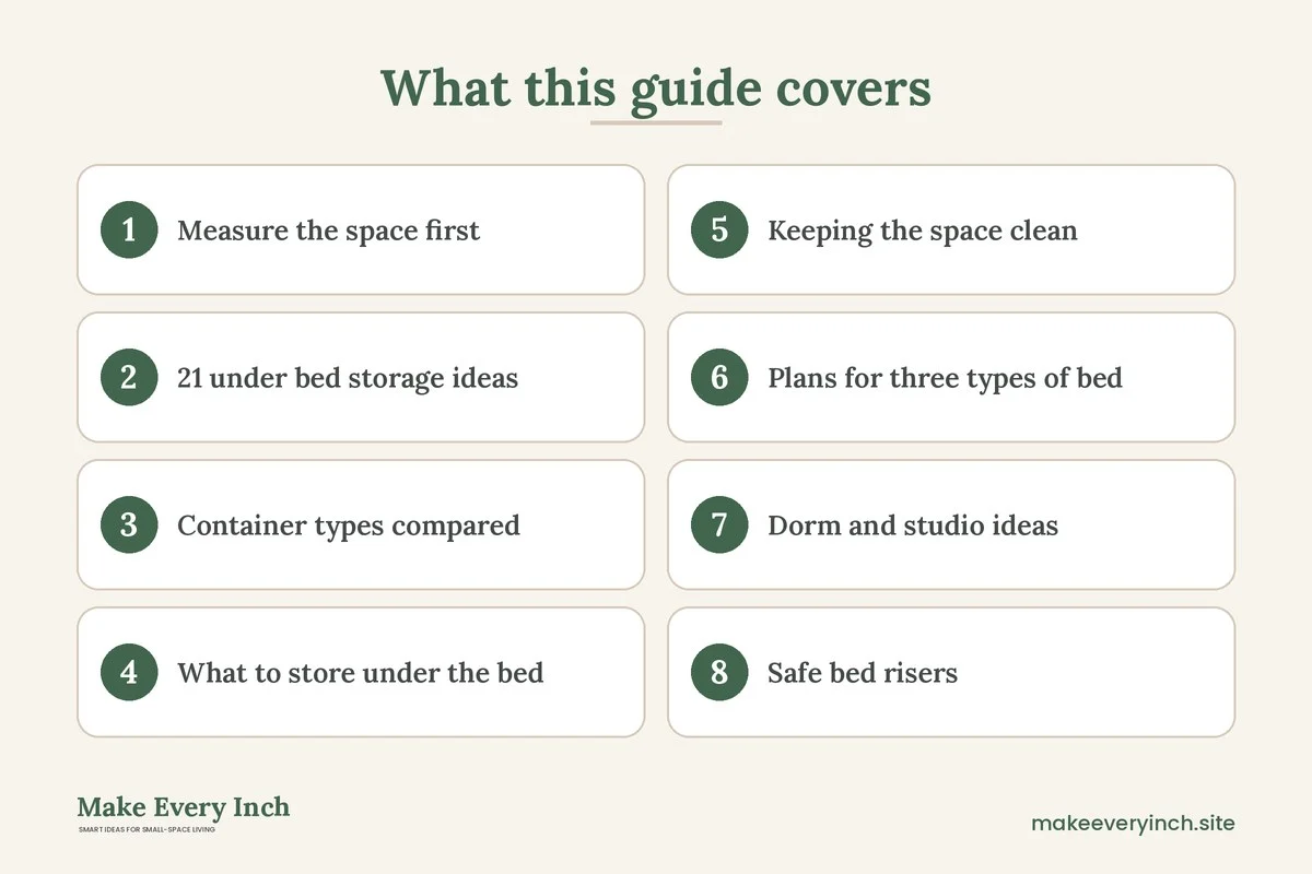 Graphic listing 8 topics covered in: 21 Under Bed Storage Ideas That Use Every Inch