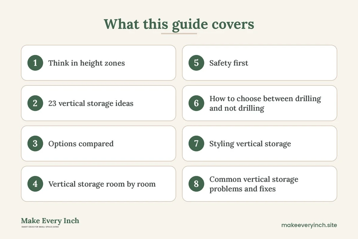 Graphic listing 8 topics covered in: 23 Vertical Storage Ideas for Small Spaces That Use the Walls