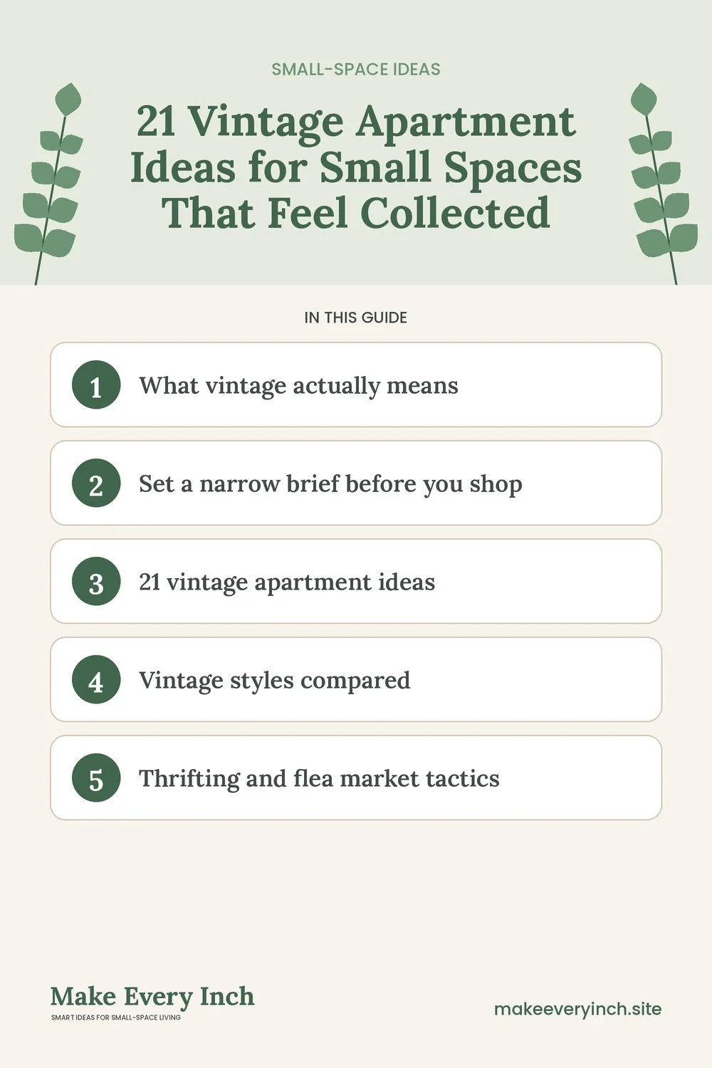 Pinterest pin listing the main topics in: 21 Vintage Apartment Ideas for Small Spaces That Feel Collected