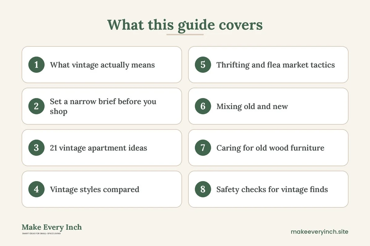 Graphic listing 8 topics covered in: 21 Vintage Apartment Ideas for Small Spaces That Feel Collected