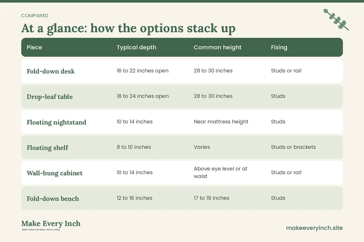 Comparison table of options for: 15 Wall-Mounted Furniture Ideas for Small Homes (Piece, Typical depth, Common height, Fixing)