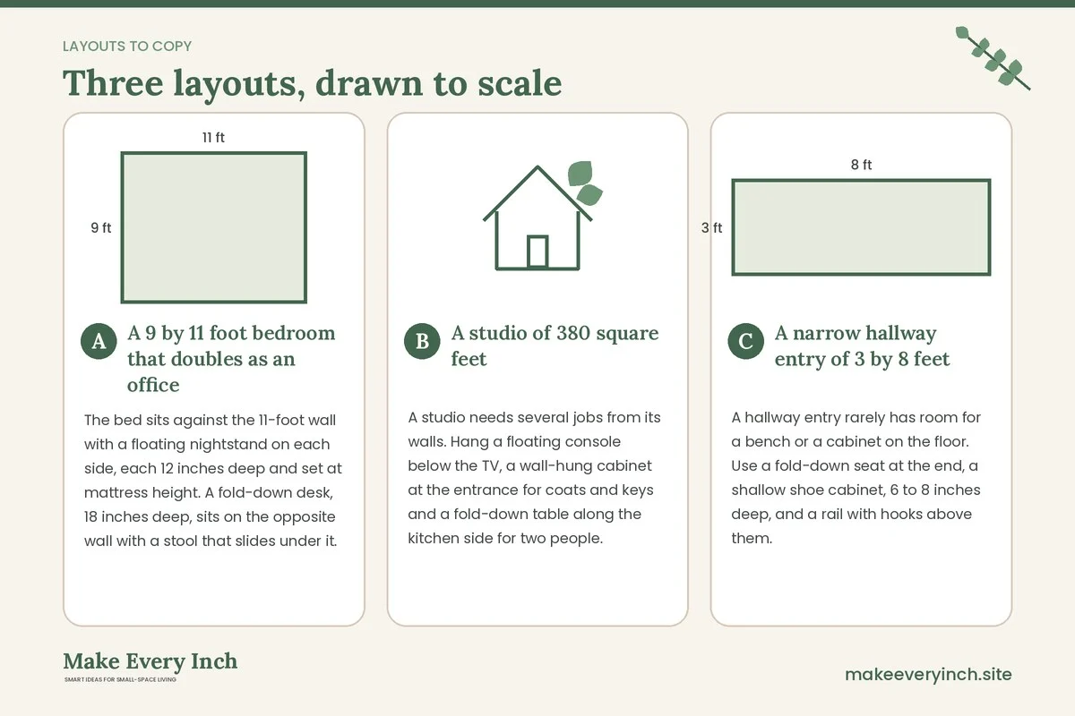 Three room layouts drawn to scale with dimensions and placement notes for: 15 Wall-Mounted Furniture Ideas for Small Homes