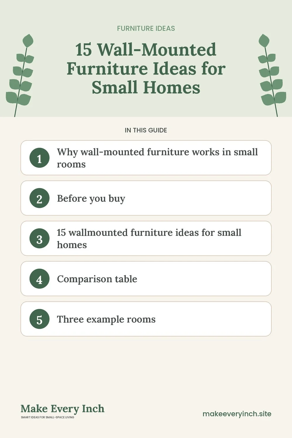 Pinterest pin listing the main topics in: 15 Wall-Mounted Furniture Ideas for Small Homes