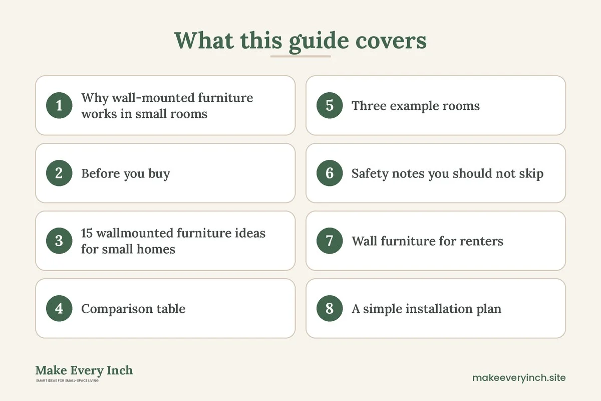 Graphic listing 8 topics covered in: 15 Wall-Mounted Furniture Ideas for Small Homes