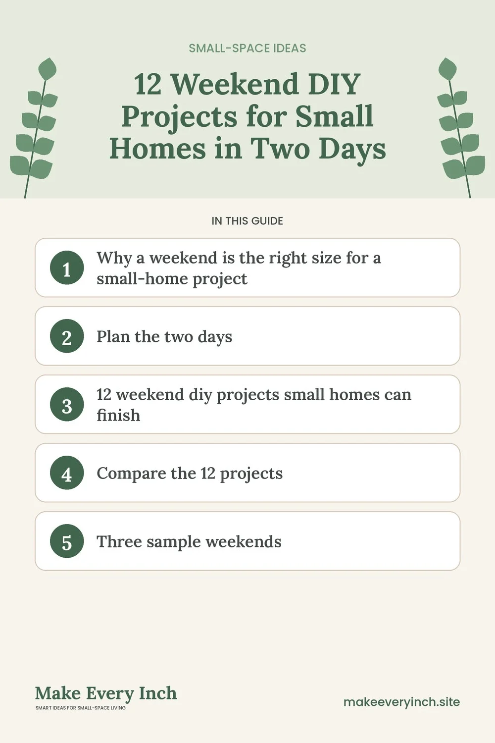 Pinterest pin listing the main topics in: 12 Weekend DIY Projects for Small Homes in Two Days