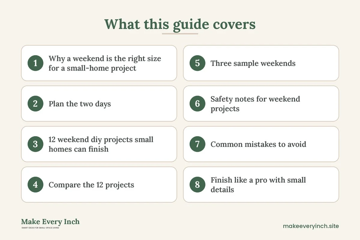 Graphic listing 8 topics covered in: 12 Weekend DIY Projects for Small Homes in Two Days